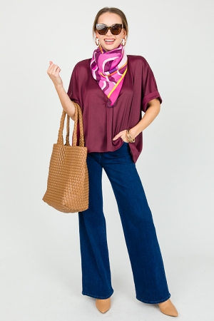 V-Neck Satin Blouse, Burgundy