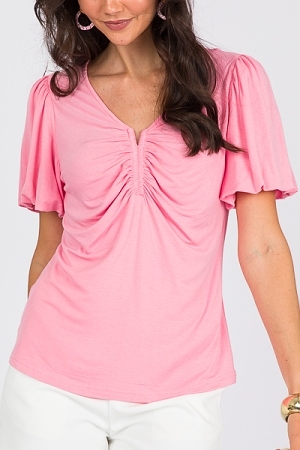 Knit Ruched V Top, Candy Pink