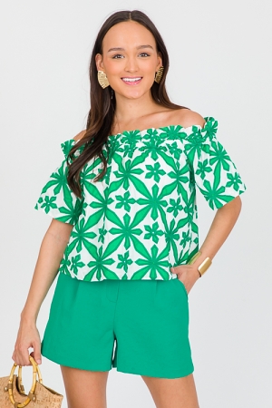 Embroidery Off Shoulder Top, Green