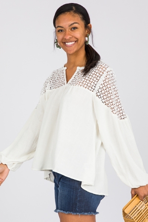 Crochet Shoulders Linen Top, Off White