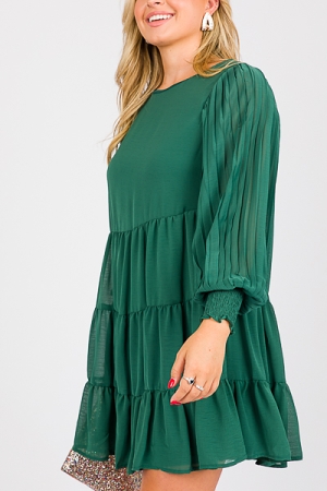 Pleat Sleeve Tier Dress, Green