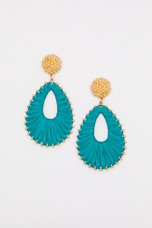 Raffia & Gold Bead Earrings, Teal