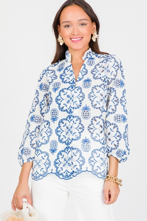 Pearl Button Embroidery Top, Blue
