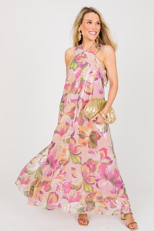 Floral Print Sequin Maxi, Pink