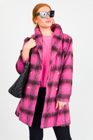 Fuzzy Plaid Coat, Hot Pink