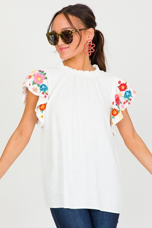 Floral Sleeve Linen Top, Off White