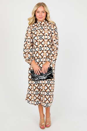 Geo Belted Midi, Taupe Multi