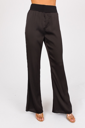 Rib Waist Satin Pants, Black
