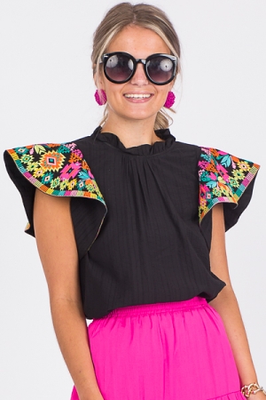 Embroidery Sleeves Top, Black