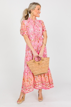 Draw Waist Floral Maxi, Blush Pink