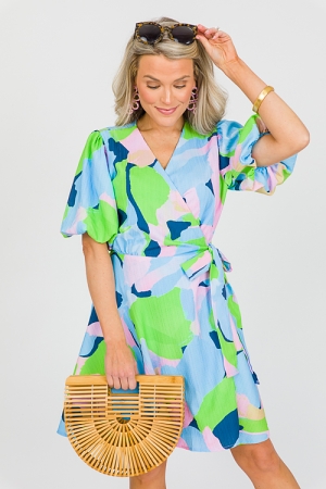 Abstract Wrap Dress, Green/Blue