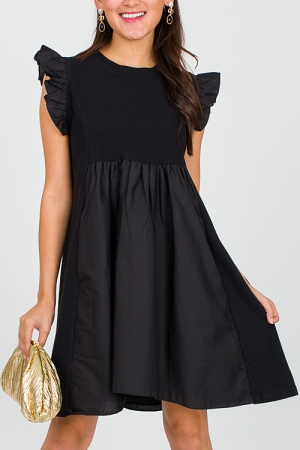 Poplin Contrast Knit Dress, Black