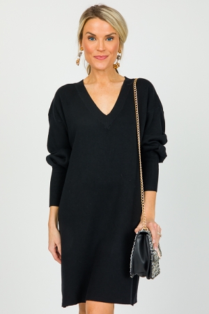 V-Neck Sweater Dress, Black