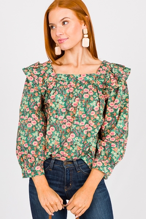Cotton Floral Top, H. Green