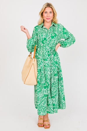 Tie Belted Floral Midi, Green