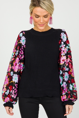 Floral Sequin Sleeve Sweater, Black