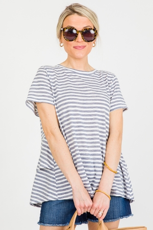Striped Ruffle Back Tee, Navy