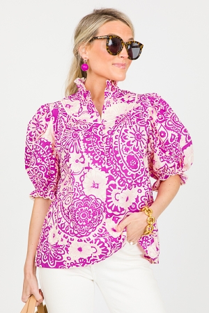 Ruffle Collar Floral Top, Magenta
