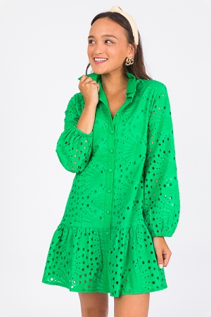 Belted Eyelet Shirt Dress, Green
