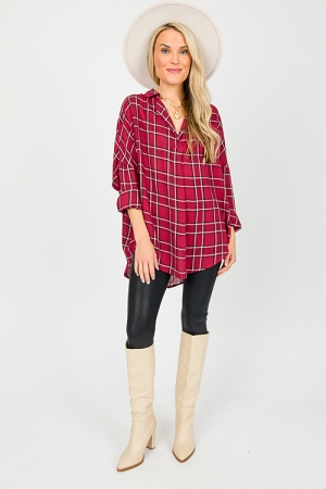 Plaid Pleat Center Top, Red