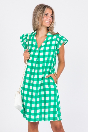 Checkered Flutter Dress, Green