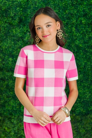 Short Sleeve Check Sweater, Hot Pink