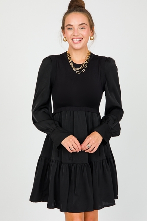 Knit Bodice Satin Dress, Black
