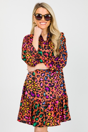 Tie Neck Animal Dress, Rust Multi