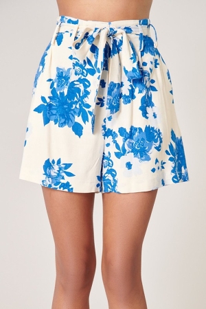 Belted Floral Shorts, Blue Ivory